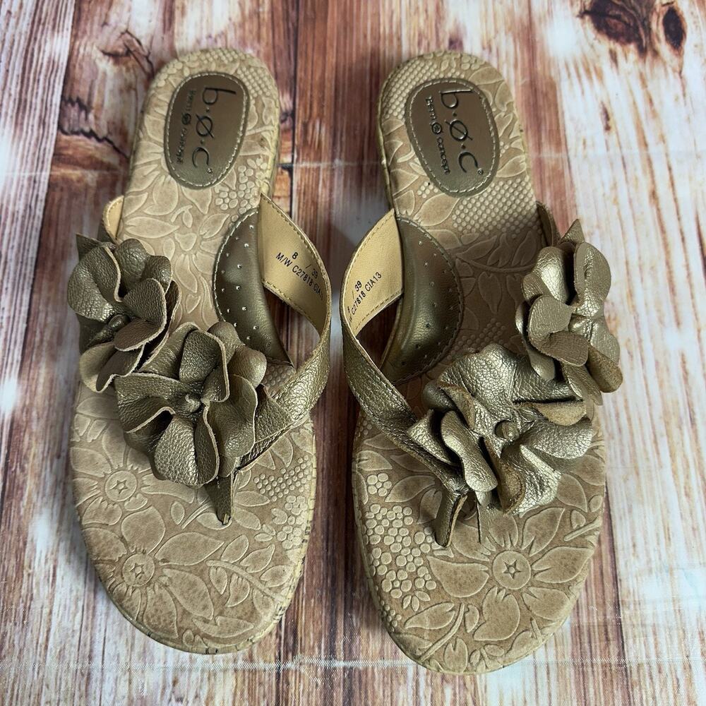 BOC Born Concept Size 8 Bronze Leather Floral Cork Low Wedge Thong Sandals Shoes - Picture 4 of 13